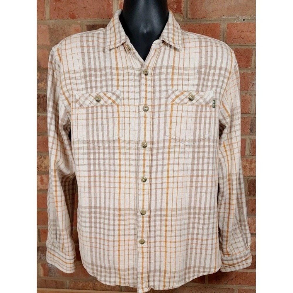 Howler Bros Mens Flannel Long Sleeve Button Shirt Beige‎ Brown Plaid Sz Medium